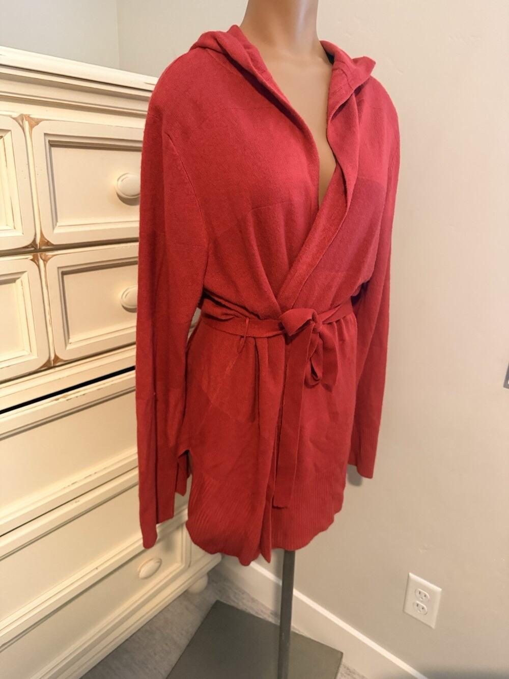 Red Tie Cardigan Hooded Sweater Size XL